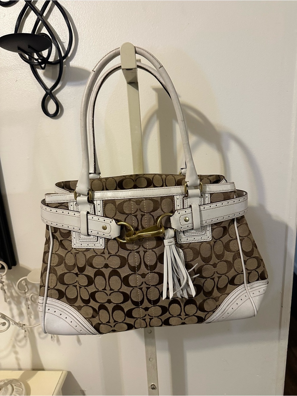 Coach Brown Signature Canvas Tote with White Leather Trim